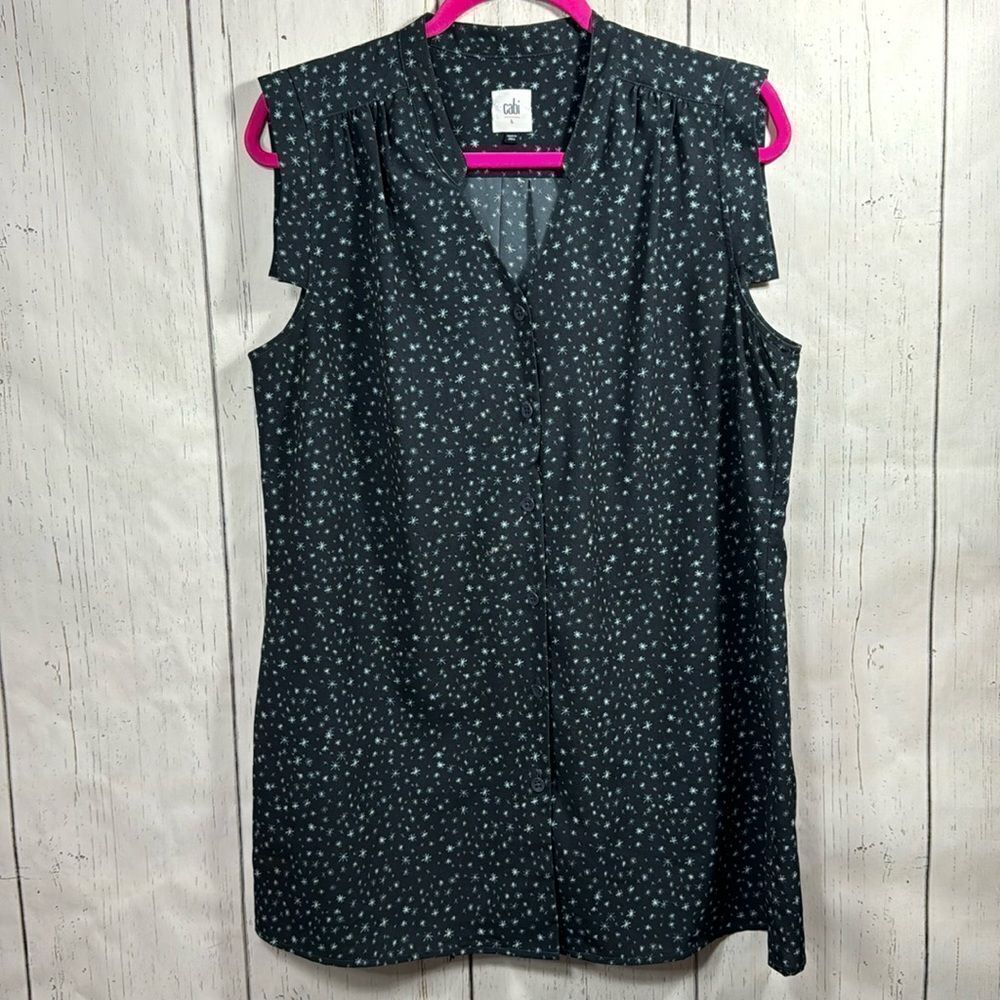 CAbi V Neck Button Down Astral Blouse Blue Star Print Sleeveless Womens Casual